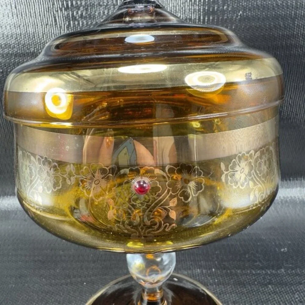 1980s Venetian Art Glass Tall Footed Dish Container Candy Dish Jar Amber Jeweled